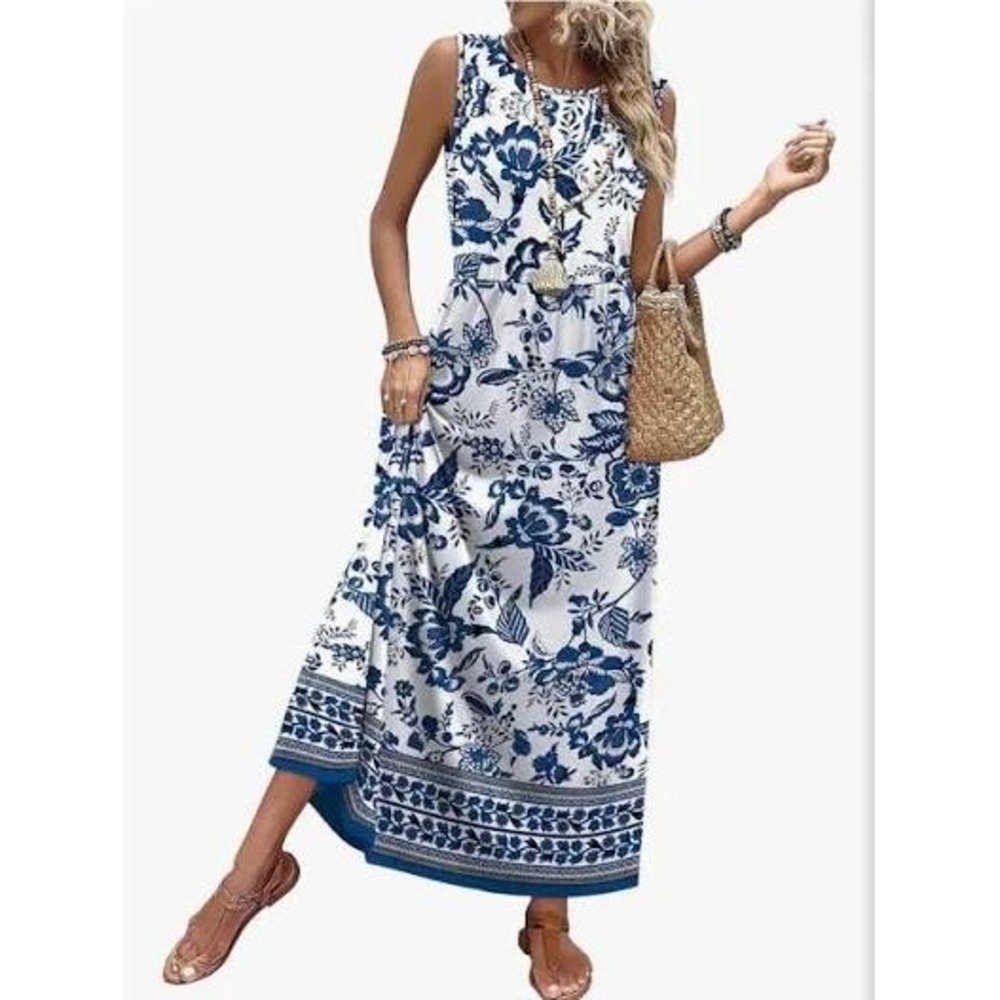 Wiholl Maxi Dress Floral Sleeveless Women's Size M White Blue Border Print New
